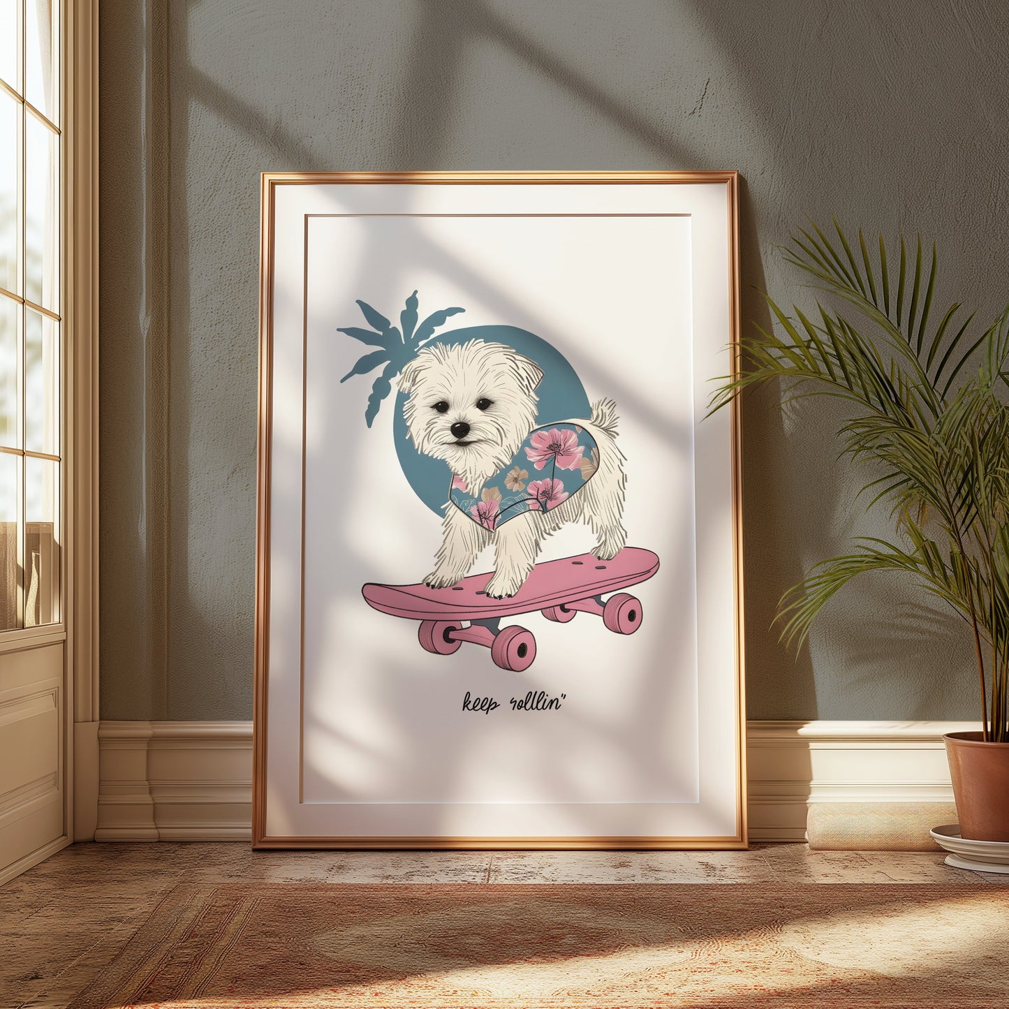 Premium Poster of Adorable Puppy on Skateboard with Floral Design Posters