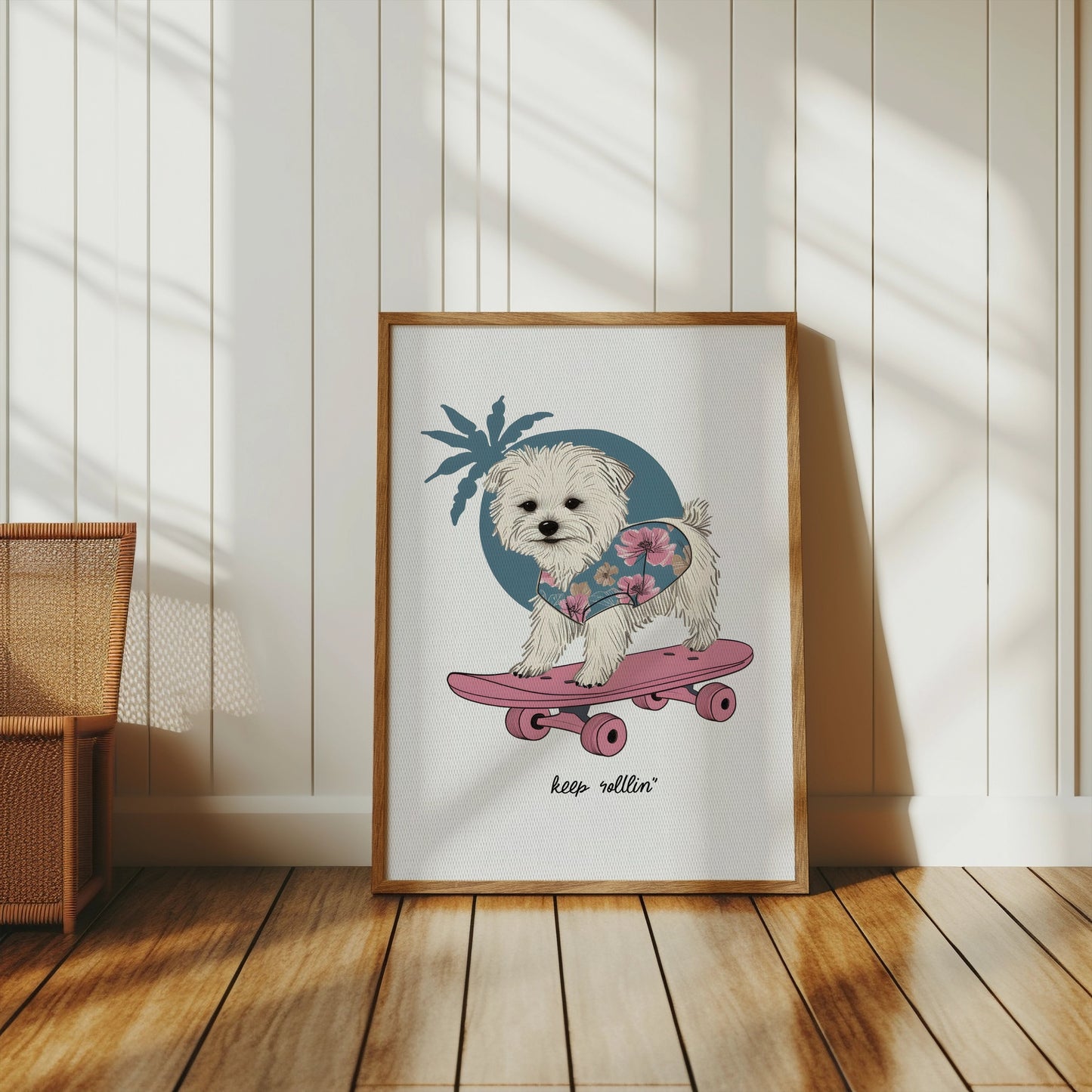 Premium Poster of Adorable Puppy on Skateboard with Floral Design Posters