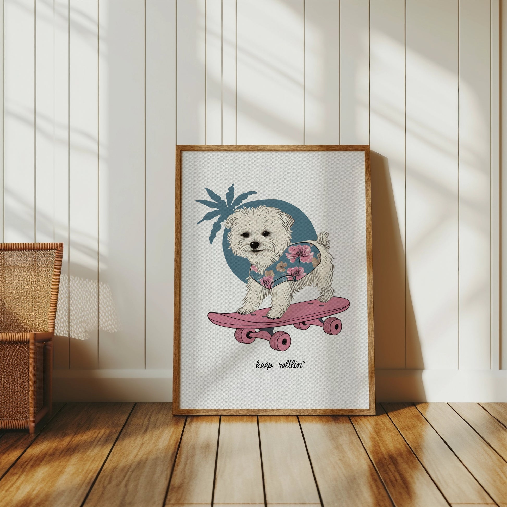 Premium Poster of Adorable Puppy on Skateboard with Floral Design Posters