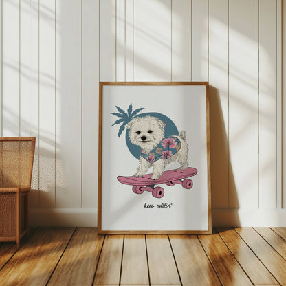 Premium Poster of Adorable Puppy on Skateboard with Floral Design Posters