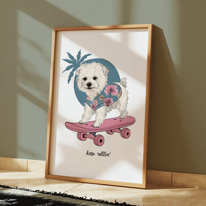 Premium Poster of Adorable Puppy on Skateboard with Floral Design Posters