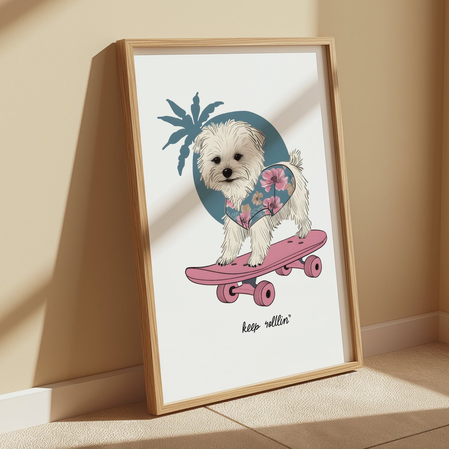 Premium Poster of Adorable Puppy on Skateboard with Floral Design Posters