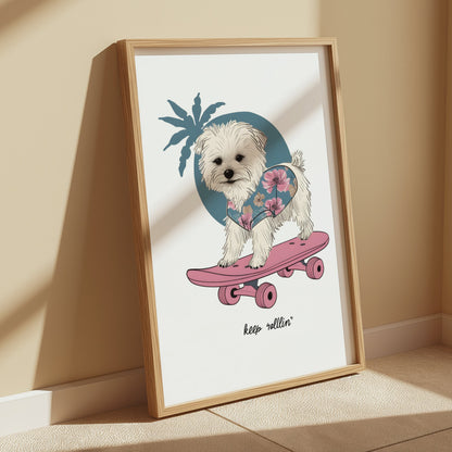 Premium Poster of Adorable Puppy on Skateboard with Floral Design Posters