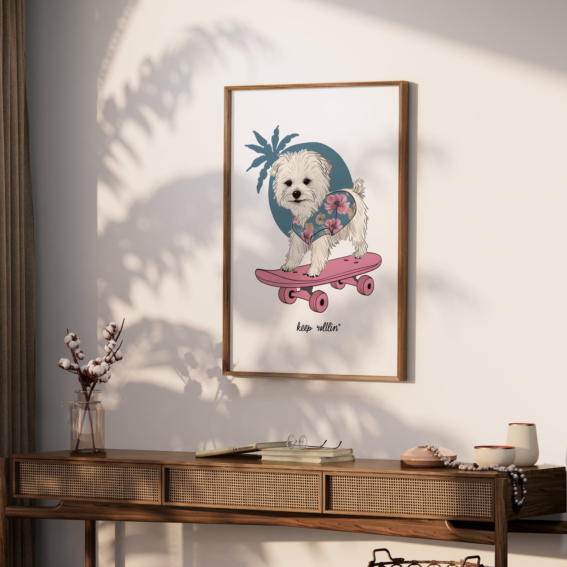 Premium Poster of Adorable Puppy on Skateboard with Floral Design Posters