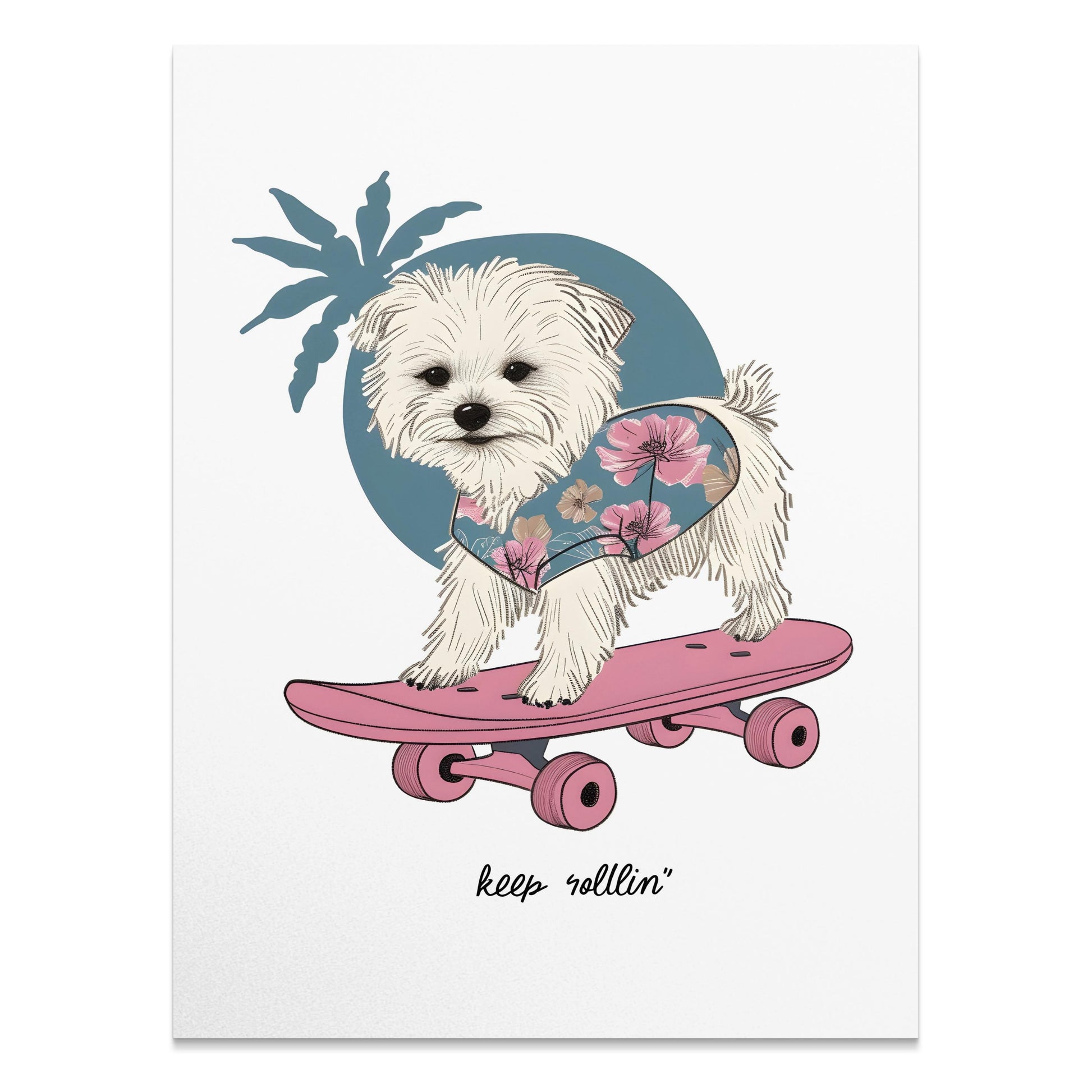 Premium Poster of Adorable Puppy on Skateboard with Floral Design Posters
