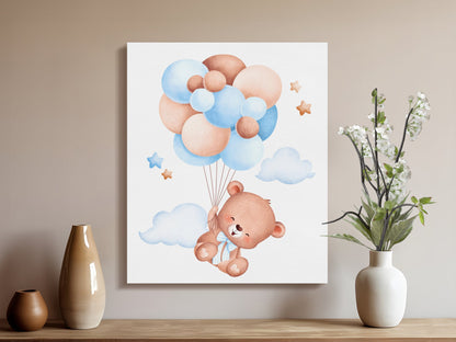 Premium Poster of Adorable Teddy Bear Floating on Balloons Canvas Wraps