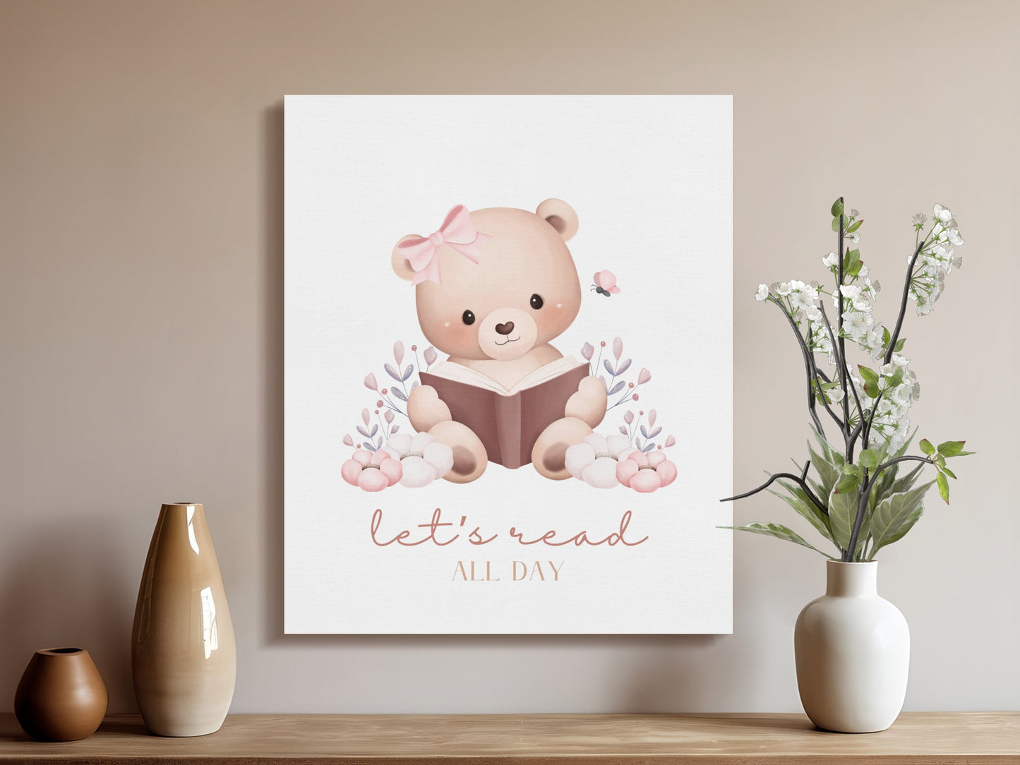 Premium Poster of Adorable Teddy Bear Reading Art Nursery Canvas Wraps