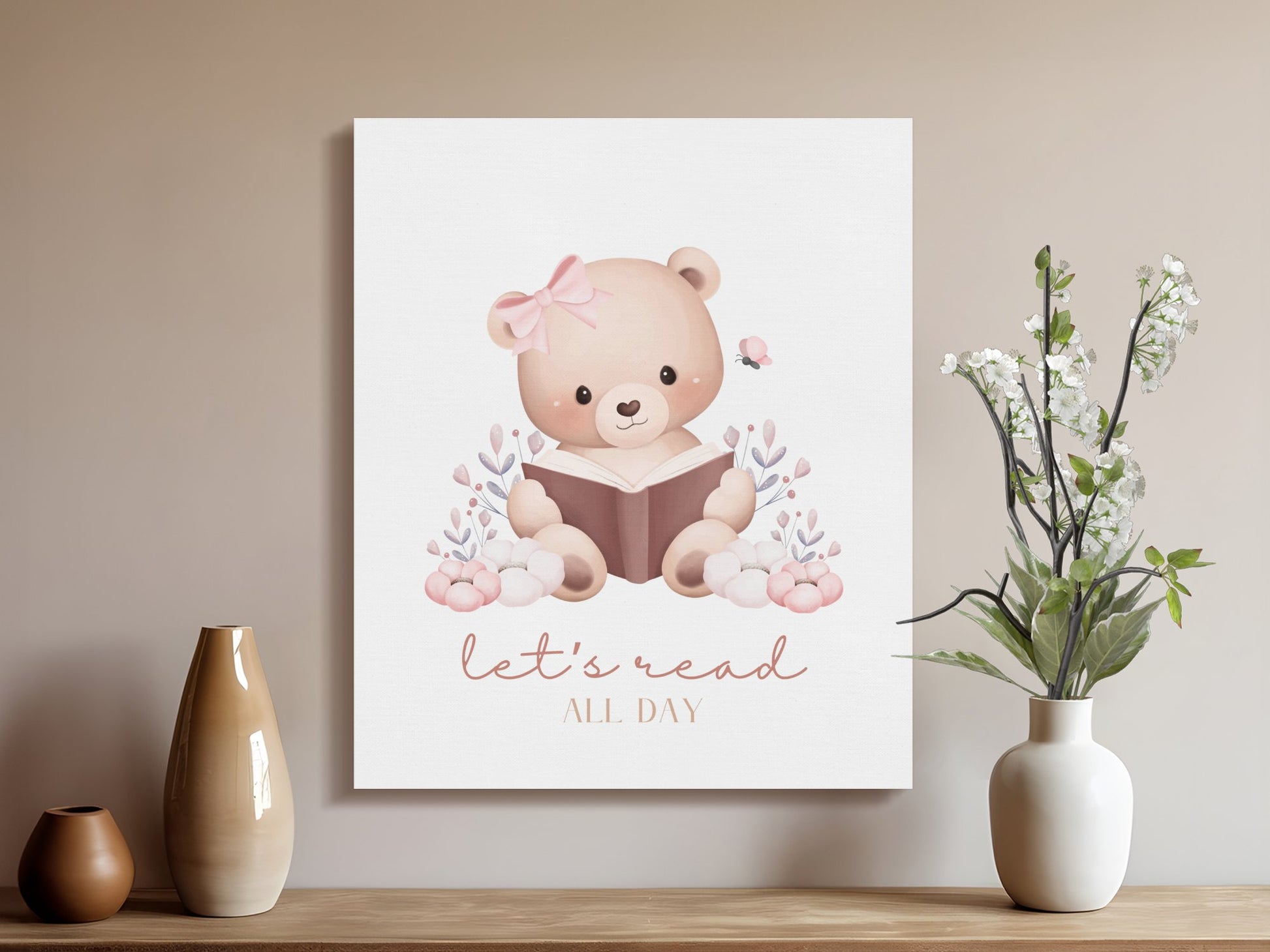 Premium Poster of Adorable Teddy Bear Reading Art Nursery Canvas Wraps