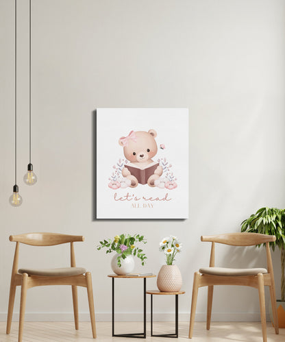 Premium Poster of Adorable Teddy Bear Reading Art Nursery Canvas Wraps