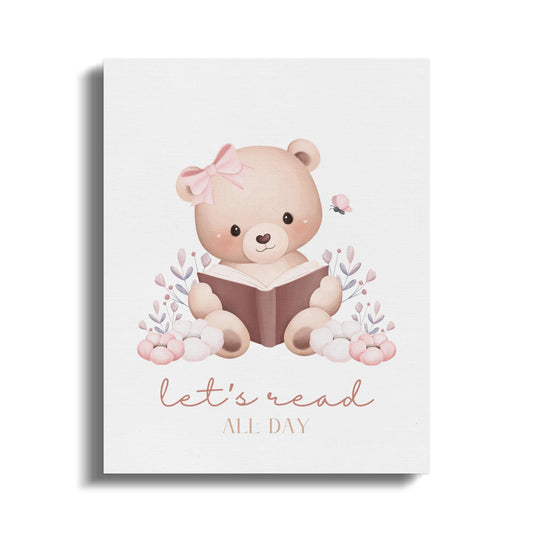 Premium Poster of Adorable Teddy Bear Reading Art Nursery Canvas Wraps