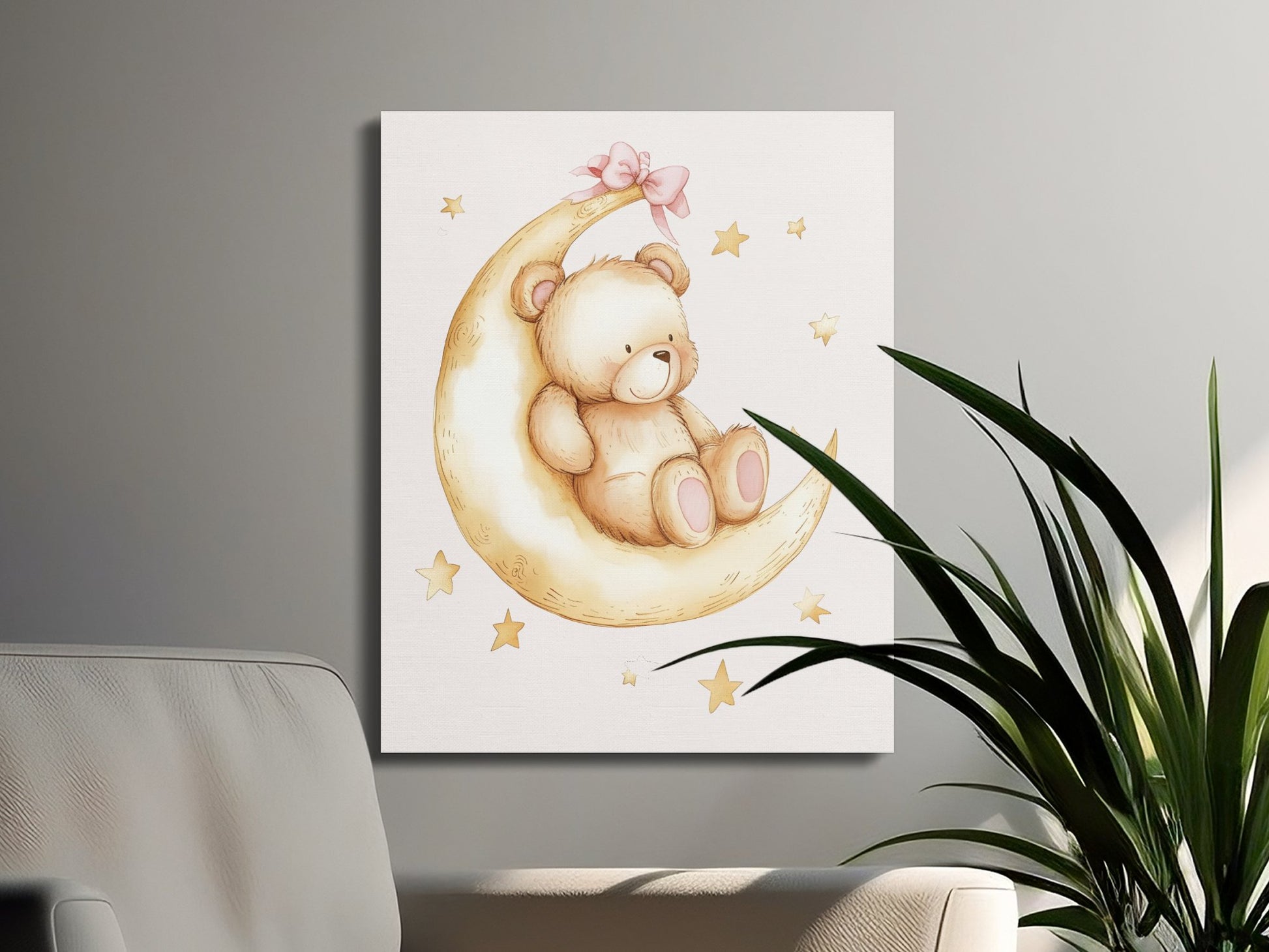 Premium Poster of Adorable Teddy Bear on Moon Nursery Canvas Wraps
