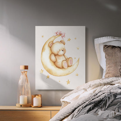 Premium Poster of Adorable Teddy Bear on Moon Nursery Canvas Wraps