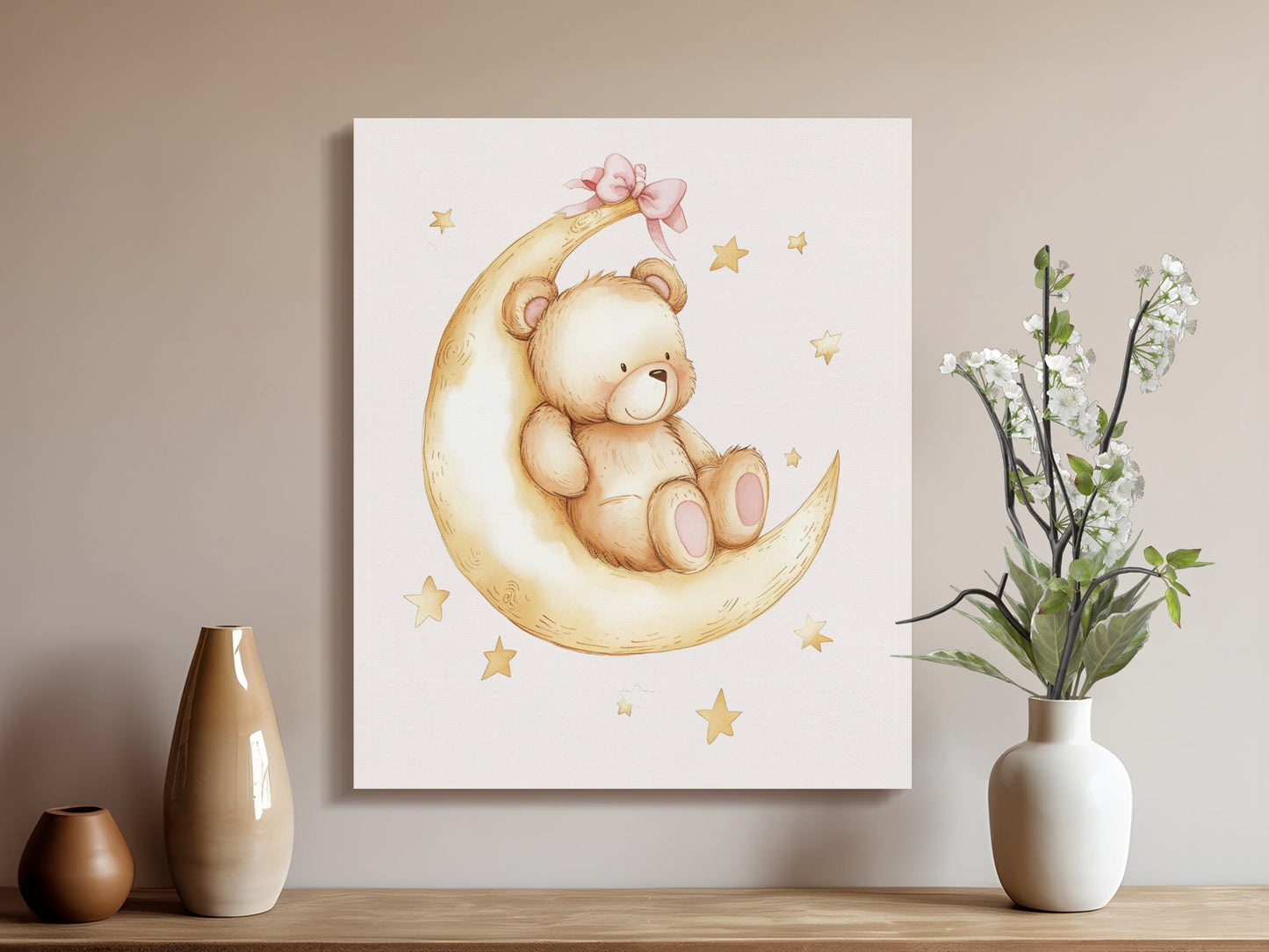 Premium Poster of Adorable Teddy Bear on Moon Nursery Canvas Wraps