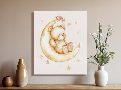 Premium Poster of Adorable Teddy Bear on Moon Nursery Canvas Wraps