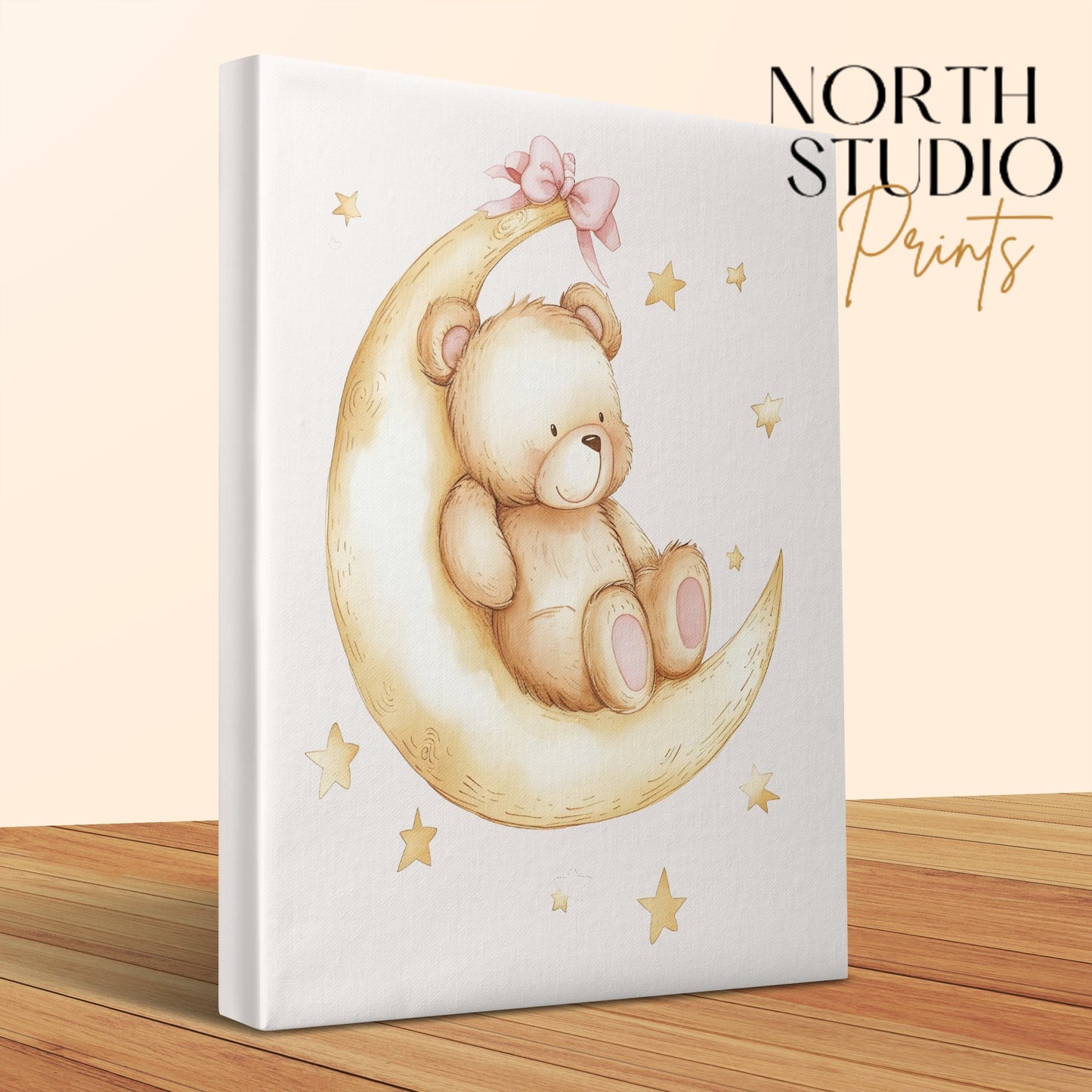 Premium Poster of Adorable Teddy Bear on Moon Nursery Canvas Wraps