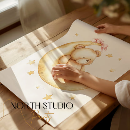 Premium Poster of Adorable Teddy Bear on Moon with Stars Posters
