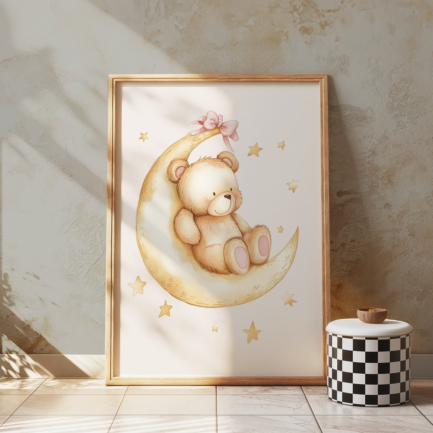 Premium Poster of Adorable Teddy Bear on Moon with Stars Posters