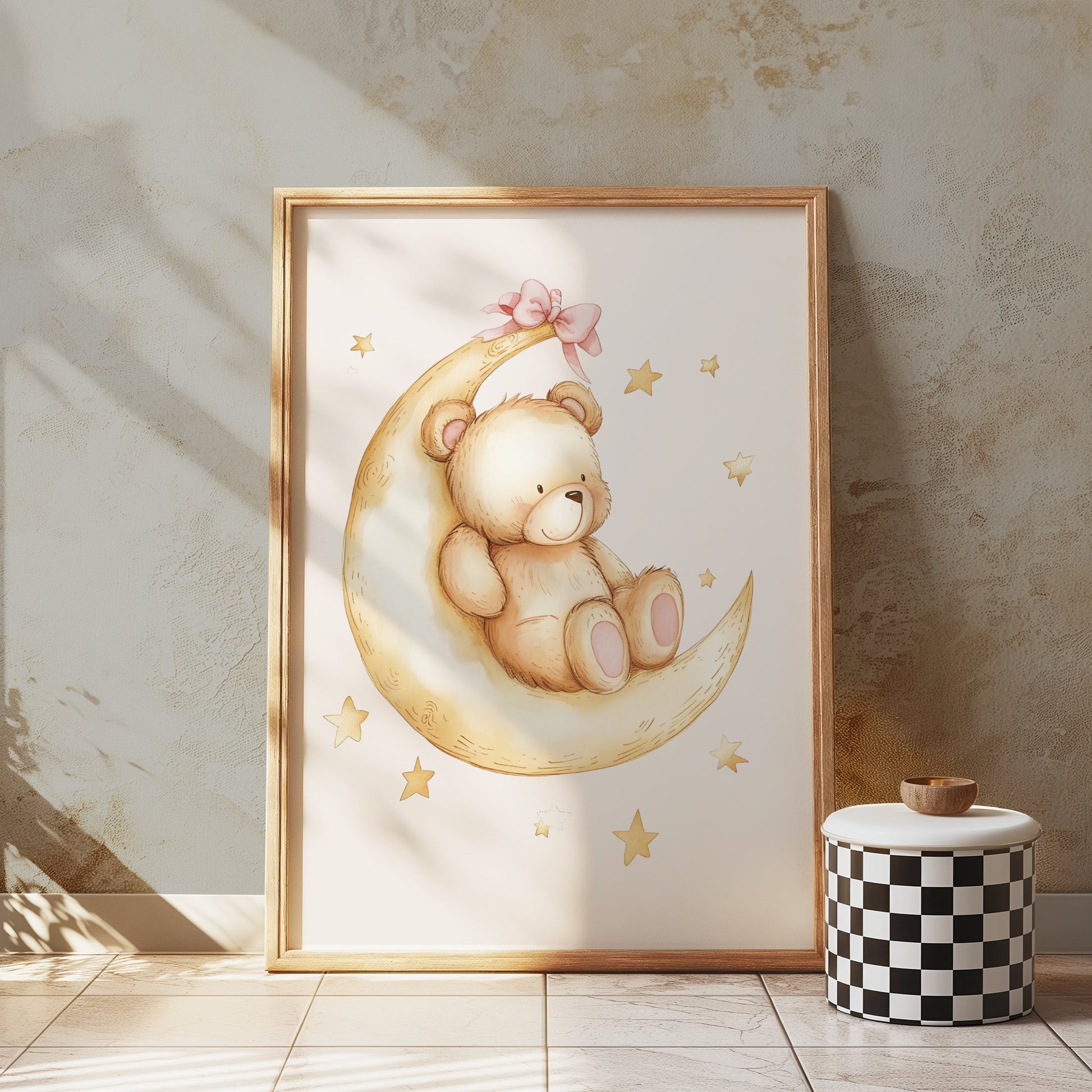 Premium Poster of Adorable Teddy Bear on Moon with Stars Posters