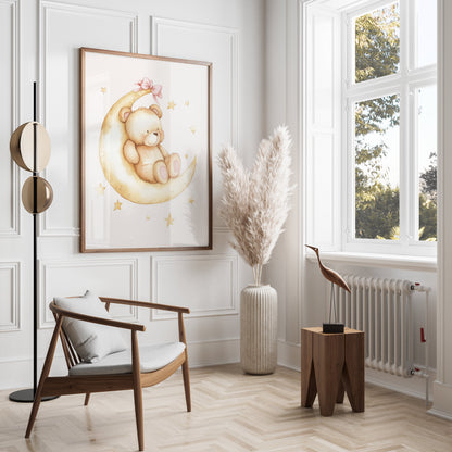 Premium Poster of Adorable Teddy Bear on Moon with Stars Posters