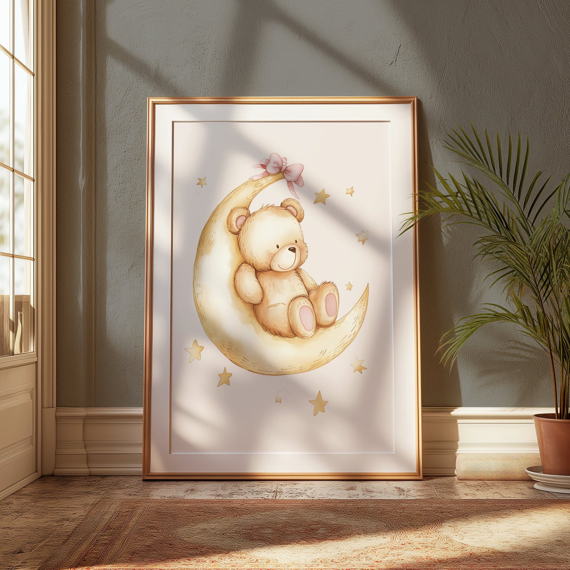 Premium Poster of Adorable Teddy Bear on Moon with Stars Posters