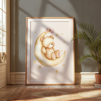 Premium Poster of Adorable Teddy Bear on Moon with Stars Posters