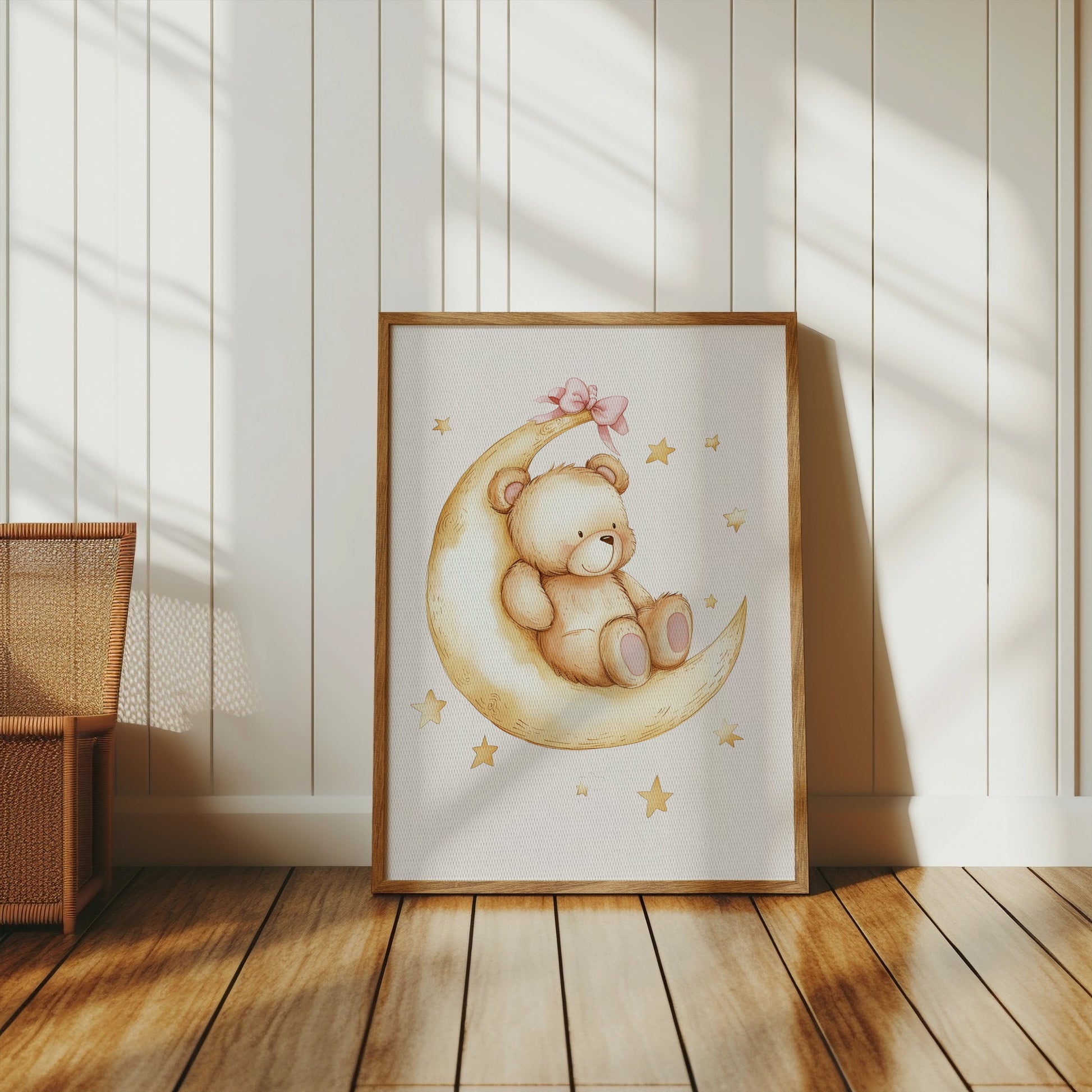Premium Poster of Adorable Teddy Bear on Moon with Stars Posters