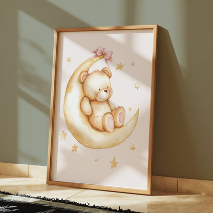 Premium Poster of Adorable Teddy Bear on Moon with Stars Posters