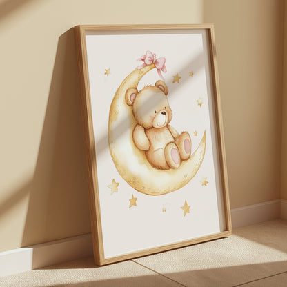 Premium Poster of Adorable Teddy Bear on Moon with Stars Posters
