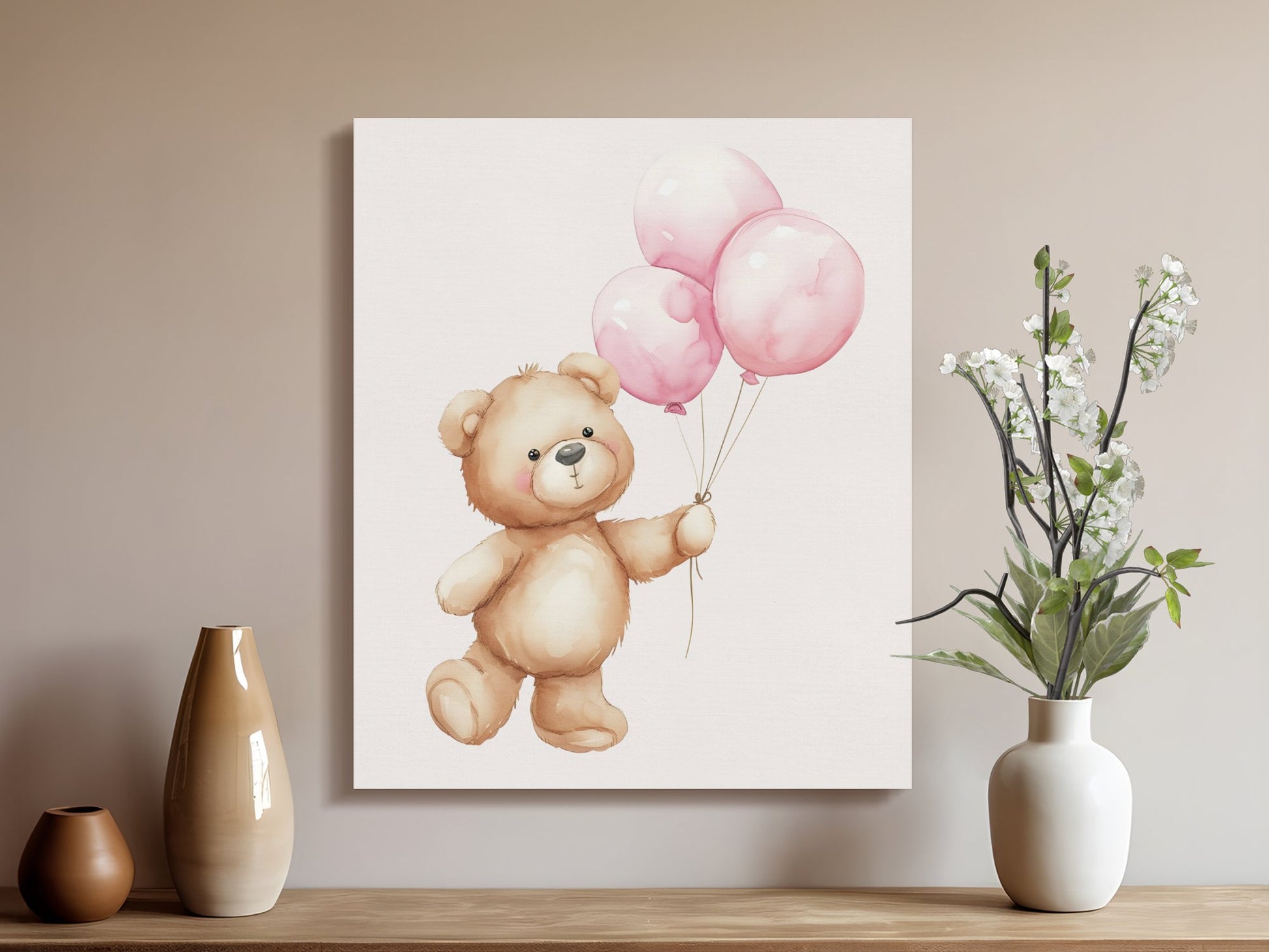 Premium Poster of Adorable Teddy Bear with Balloons Canvas Wraps Nursery Wall Art