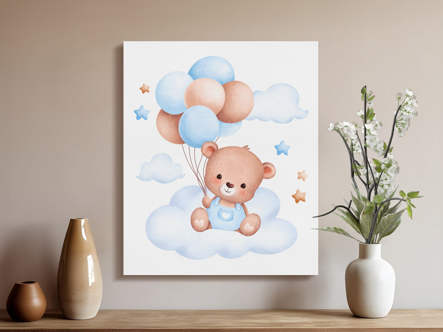 Premium Poster of Adorable Teddy Bear with Balloons Nursery Canvas Wraps