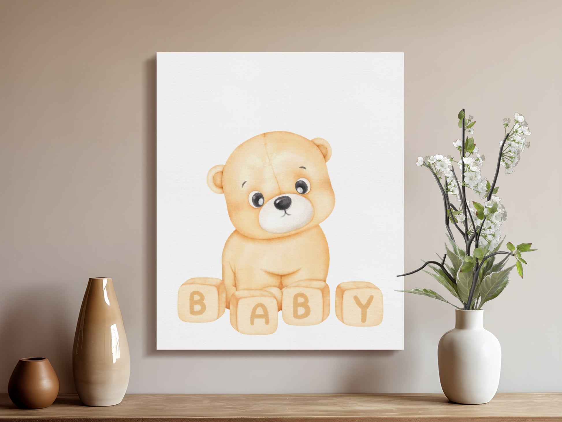 Premium Poster of Adorable Teddy Bear with Blocks Nursery Wall Art Canvas Wraps