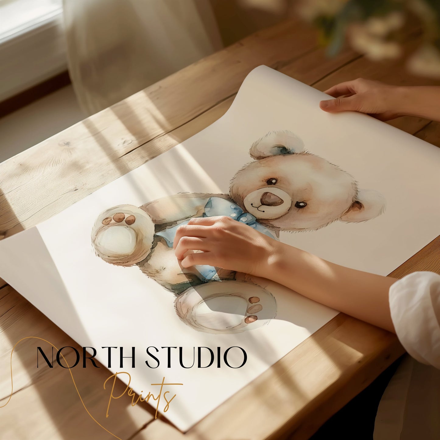 Premium Poster of Adorable Teddy Bear with Blue Bow Accent Posters