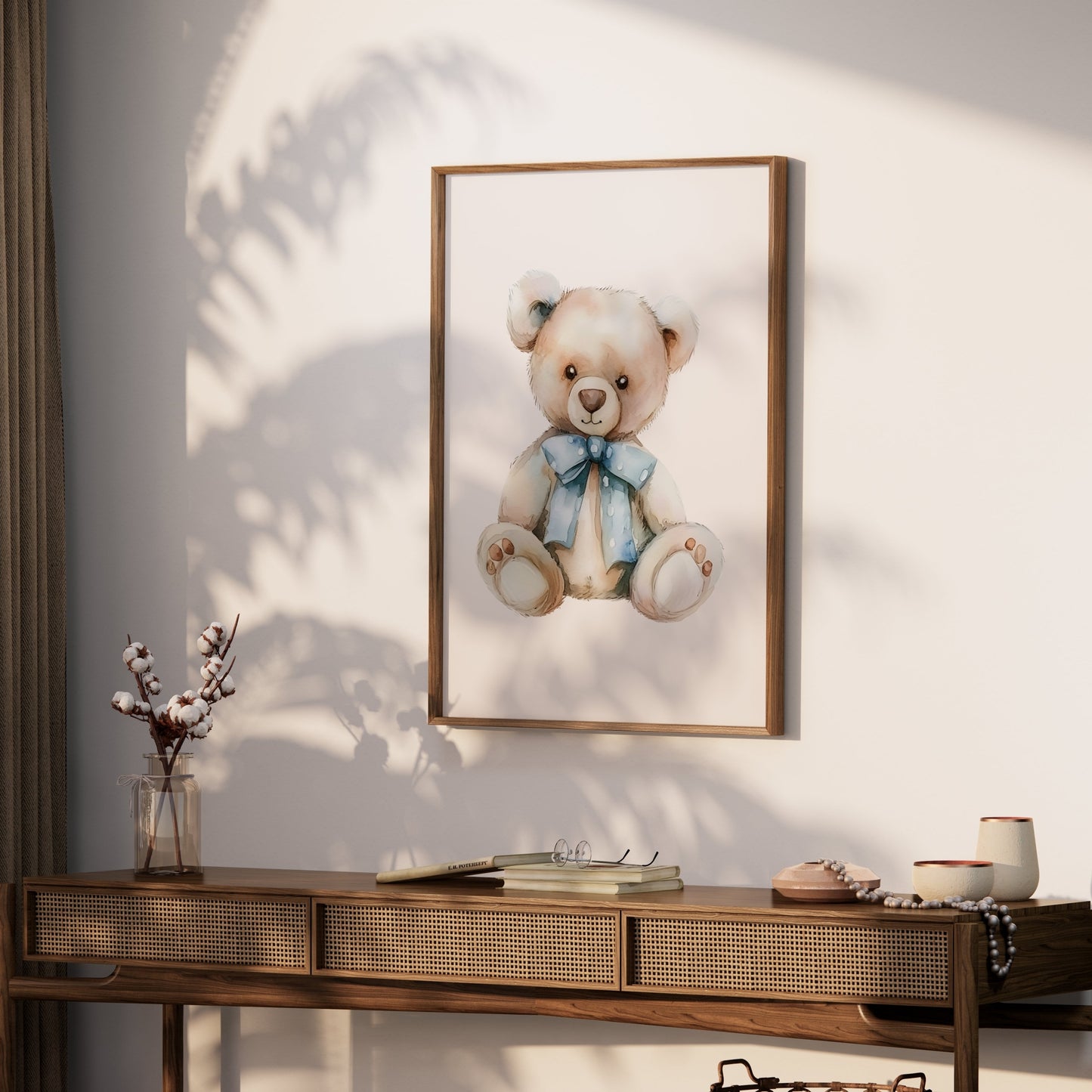 Premium Poster of Adorable Teddy Bear with Blue Bow Accent Posters