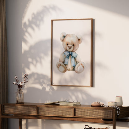 Premium Poster of Adorable Teddy Bear with Blue Bow Accent Posters