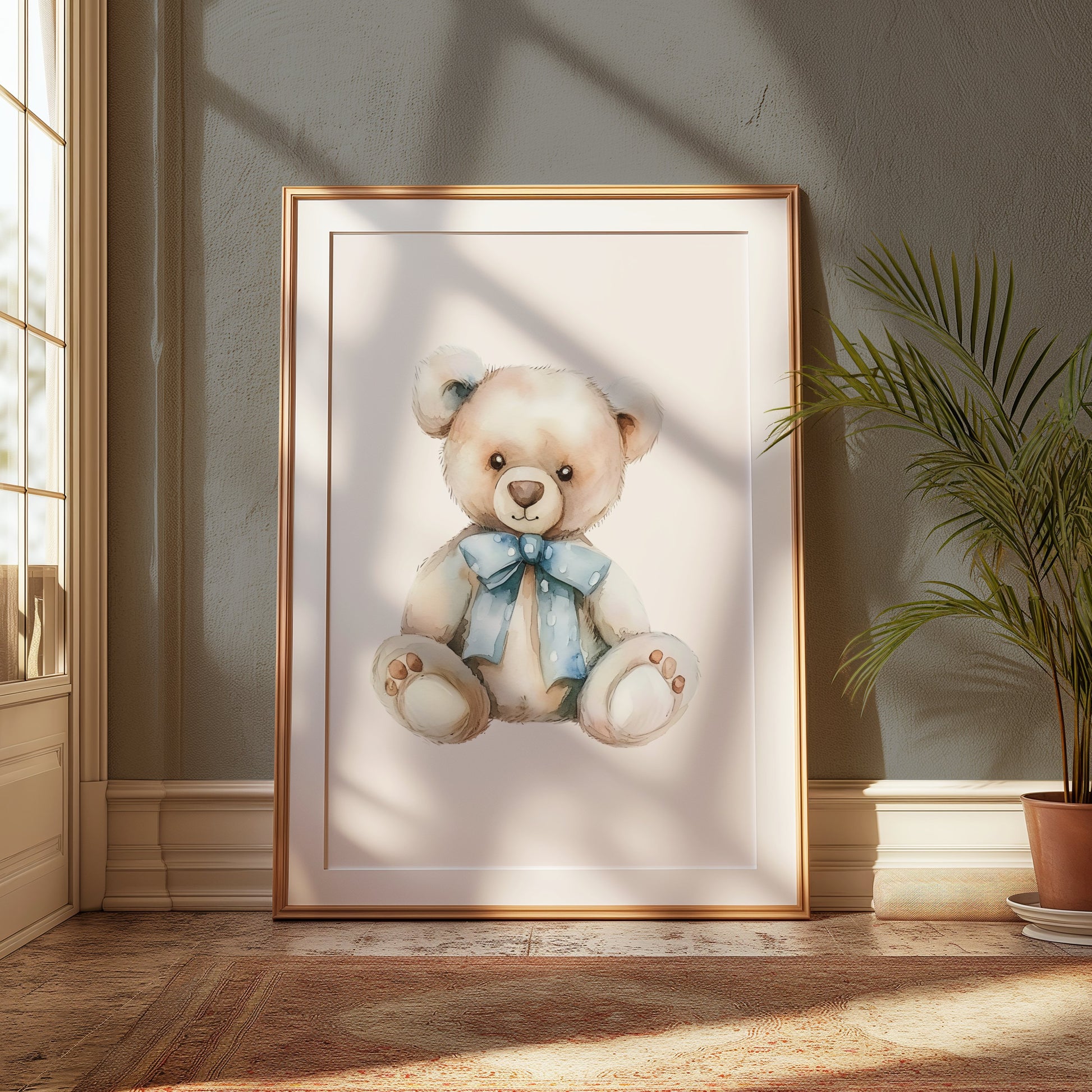 Premium Poster of Adorable Teddy Bear with Blue Bow Accent Posters