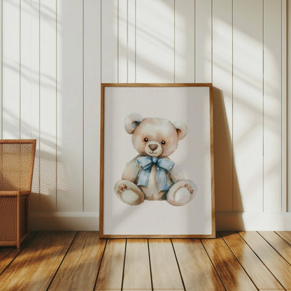 Premium Poster of Adorable Teddy Bear with Blue Bow Accent Posters