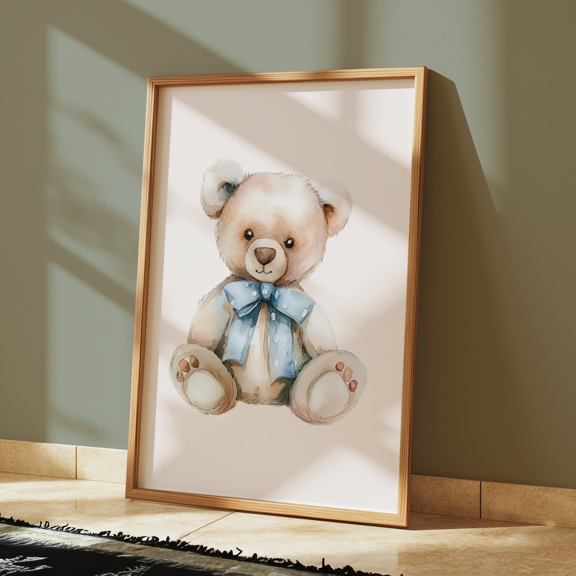 Premium Poster of Adorable Teddy Bear with Blue Bow Accent Posters