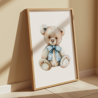 Premium Poster of Adorable Teddy Bear with Blue Bow Accent Posters