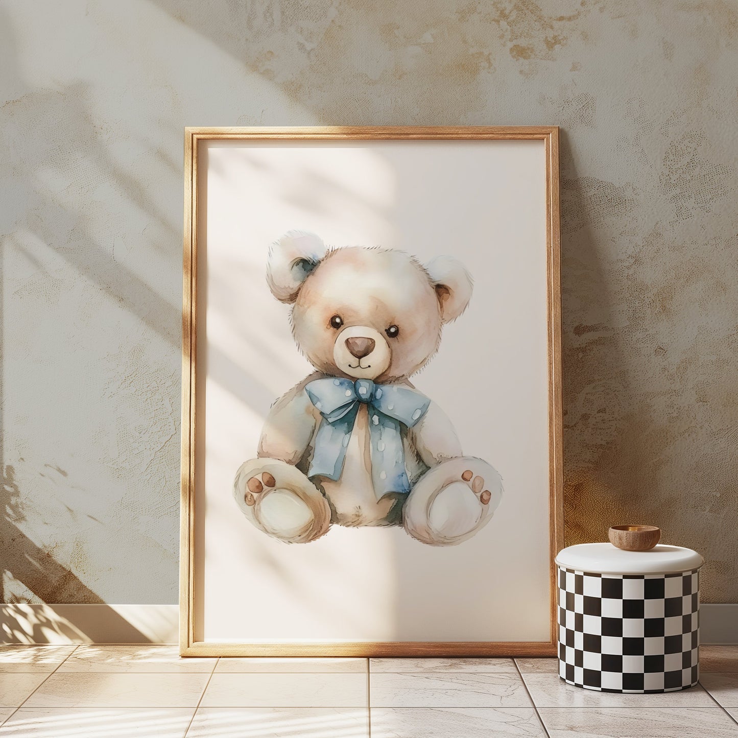 Premium Poster of Adorable Teddy Bear with Blue Bow Accent Posters