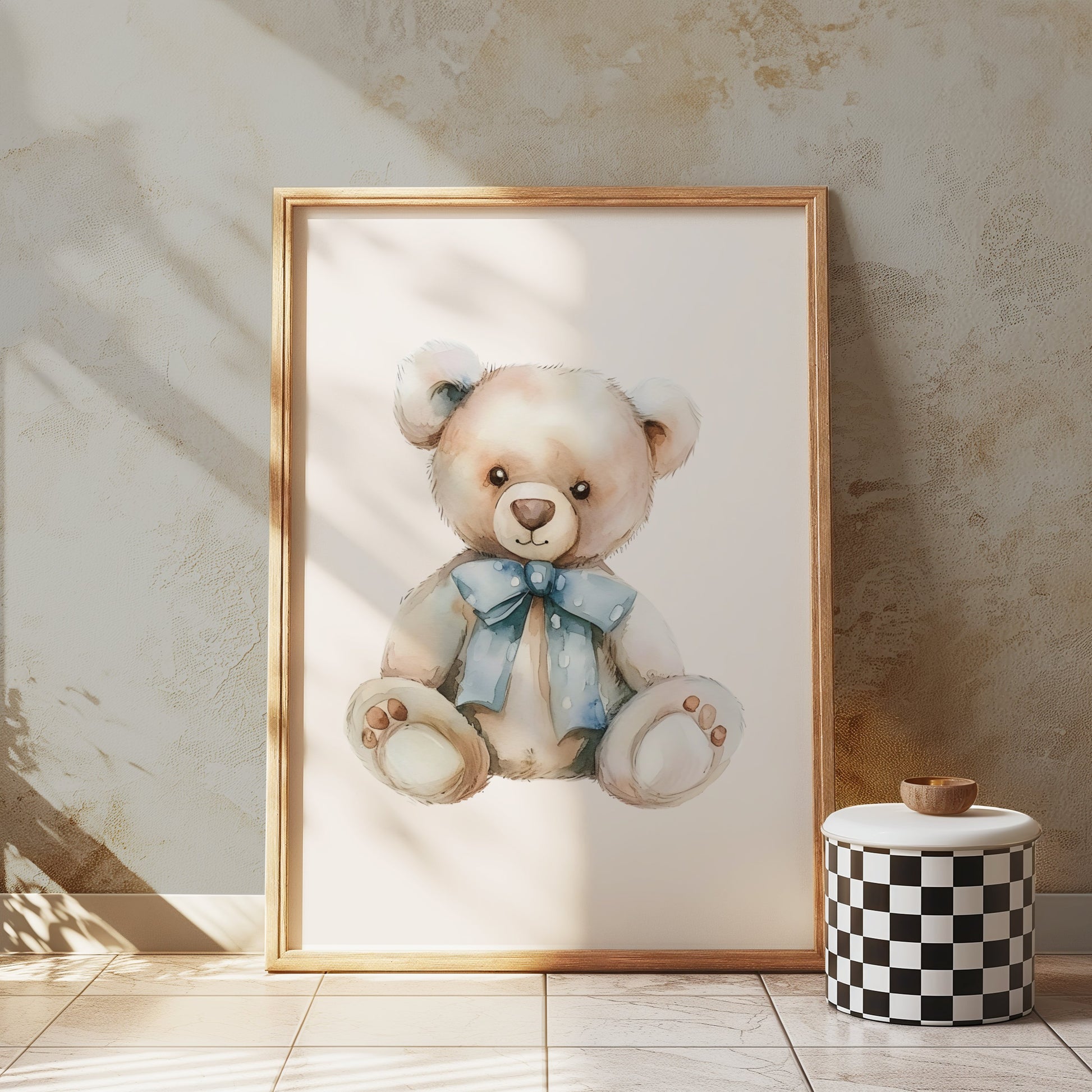 Premium Poster of Adorable Teddy Bear with Blue Bow Accent Posters