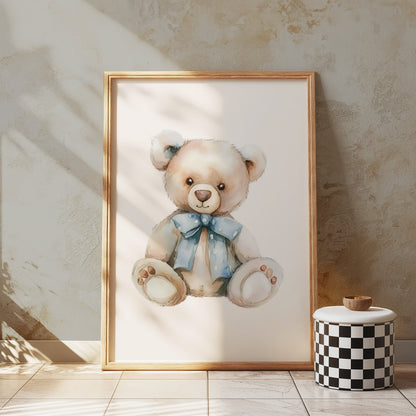Premium Poster of Adorable Teddy Bear with Blue Bow Accent Posters