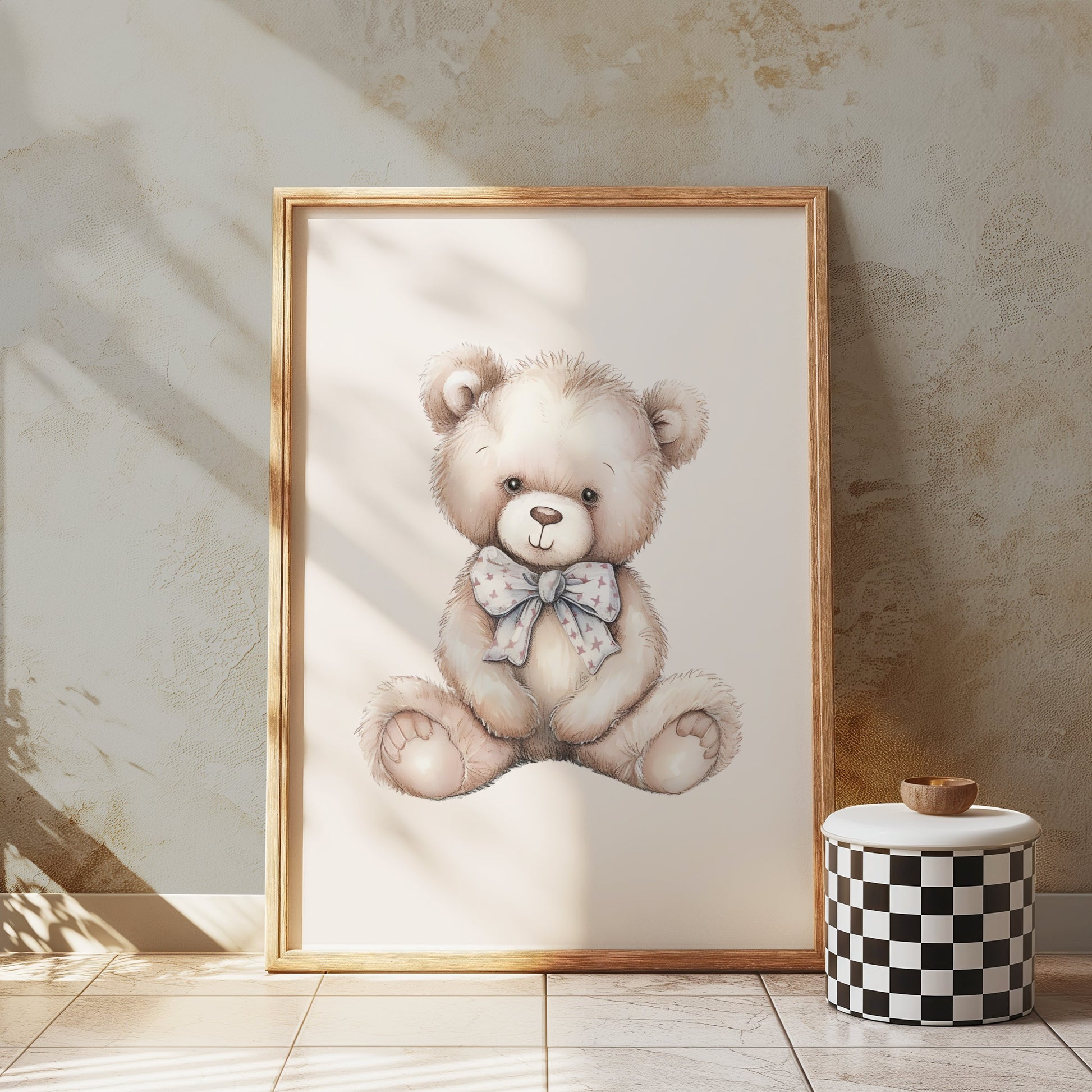 Premium Poster of Adorable Teddy Bear with Bow Nursery Decor Posters
