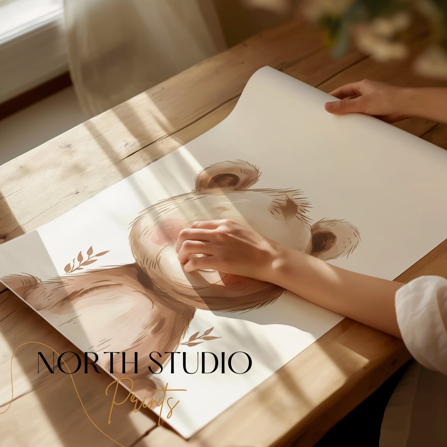 Premium Poster of Adorable Teddy Bear with Leaves Illustration Posters