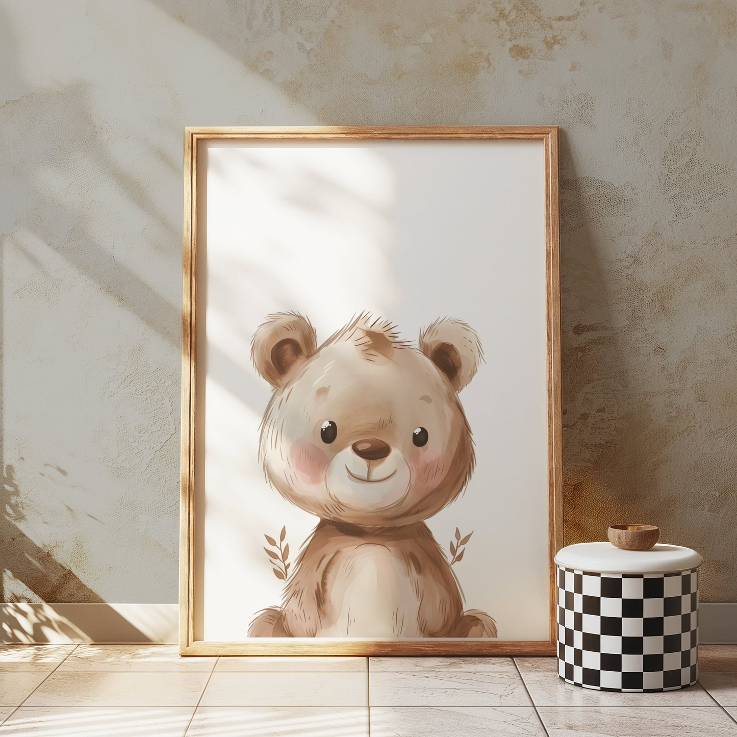 Premium Poster of Adorable Teddy Bear with Leaves Illustration Posters