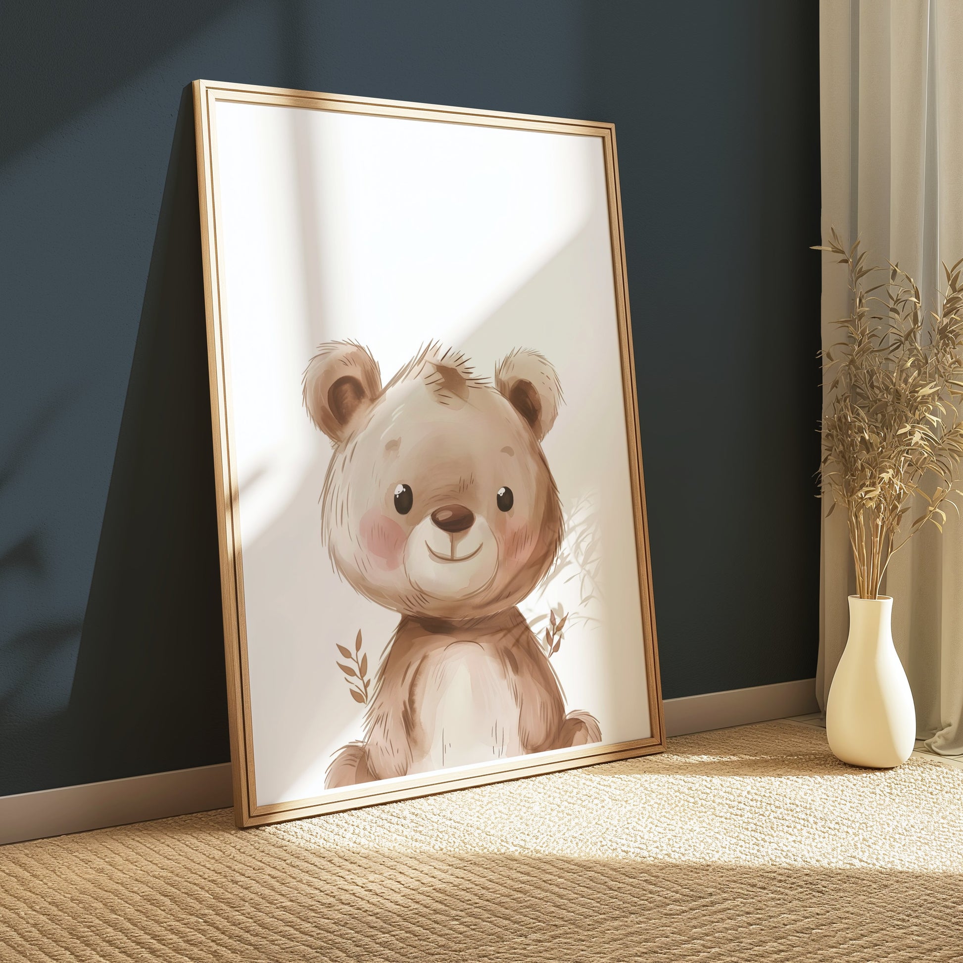 Premium Poster of Adorable Teddy Bear with Leaves Illustration Posters