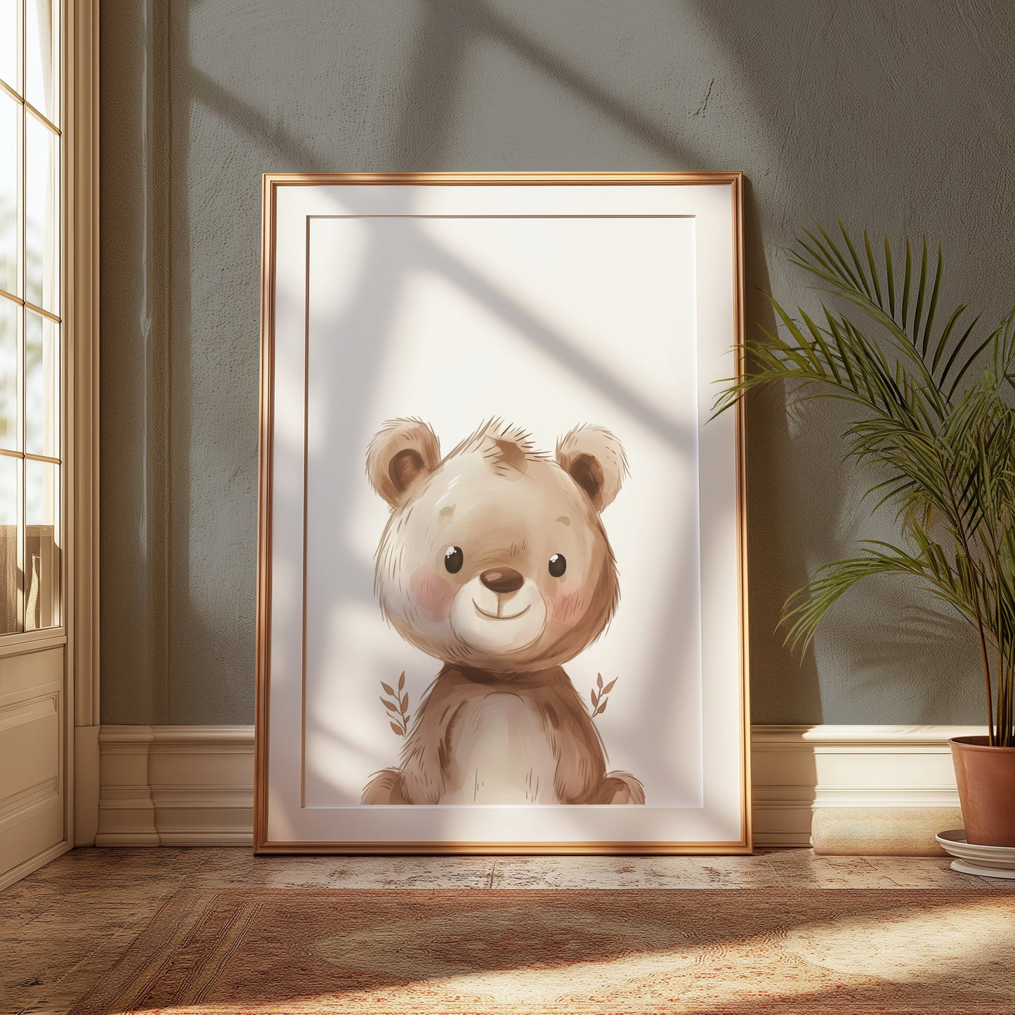 Premium Poster of Adorable Teddy Bear with Leaves Illustration Posters