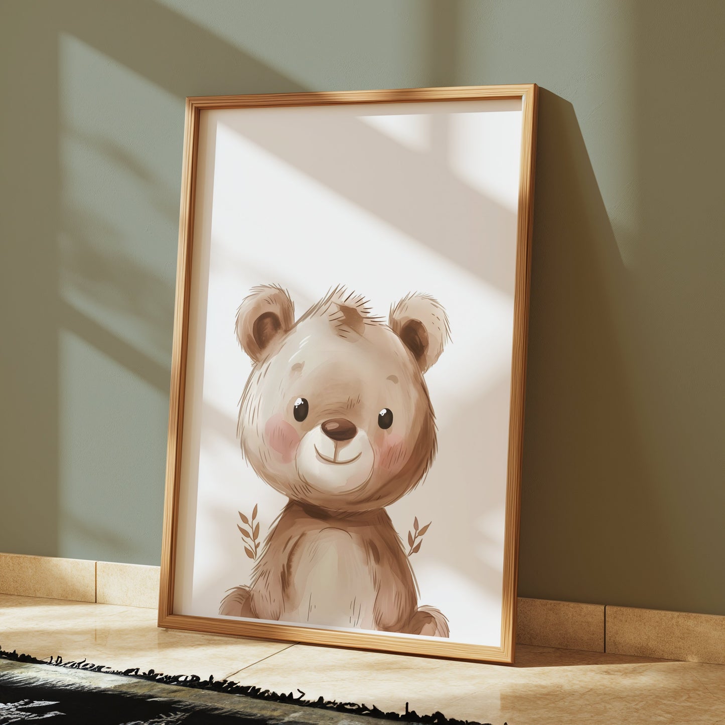 Premium Poster of Adorable Teddy Bear with Leaves Illustration Posters