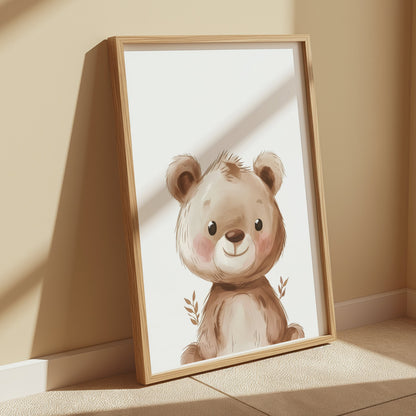 Premium Poster of Adorable Teddy Bear with Leaves Illustration Posters
