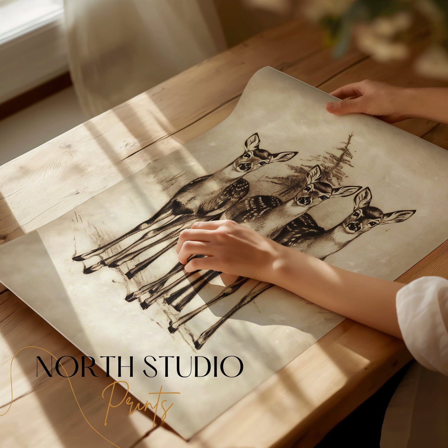 Premium Poster of Adorable Three Deer in Snowy Forest Posters