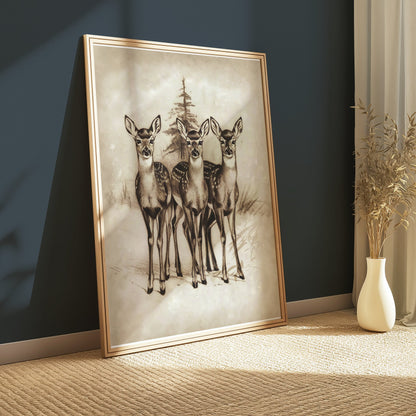 Premium Poster of Adorable Three Deer in Snowy Forest Posters